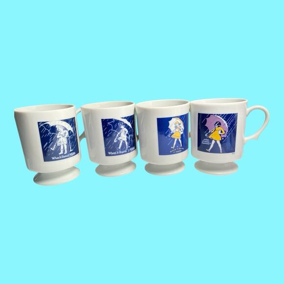 Vtg Set Of 4 Morton Salt Girl Pedestal Coffee Mug Cups When it Rains It Pours - Picture 13 of 15